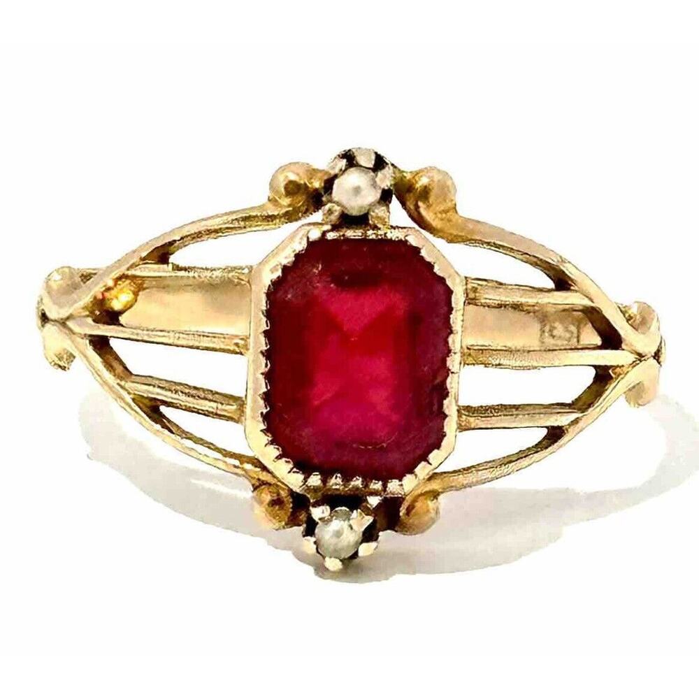 Vintage Victorian 10k Solid Yellow Gold Ruby Paste And Seed Pearl Ring